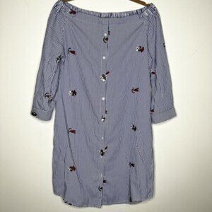 Esqualo Blue White Striped Off-Shoulder Shirt Dress Floral Women's 8